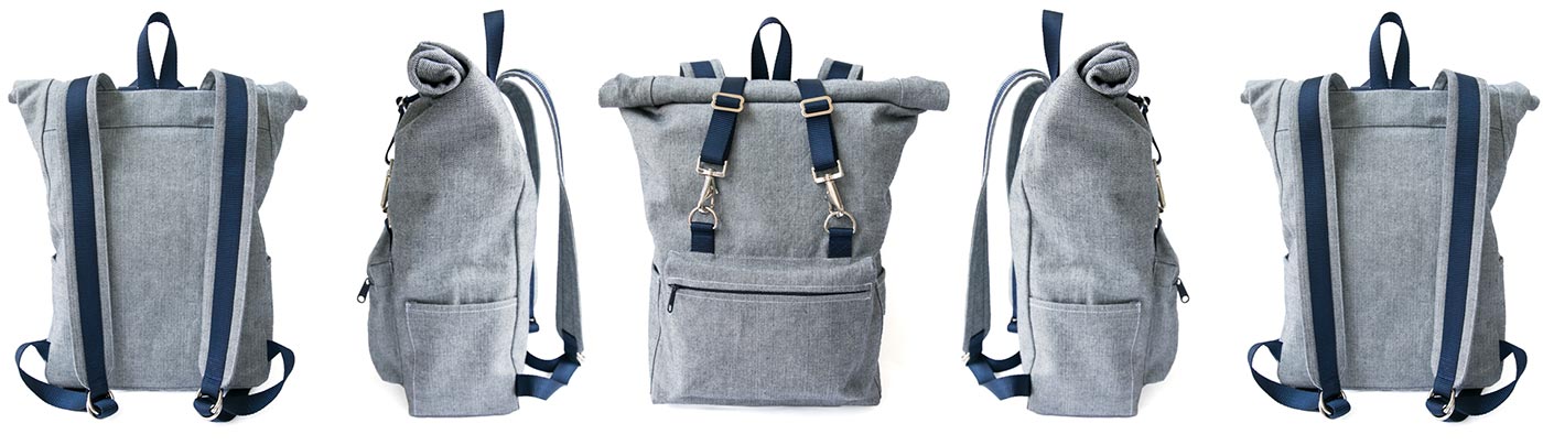 Desmond backpack pattern: back, side, front views