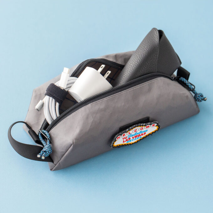 Open pouch angle 3: Livingston slim EDC box pouch sewing pattern in grey fabric, open packed view